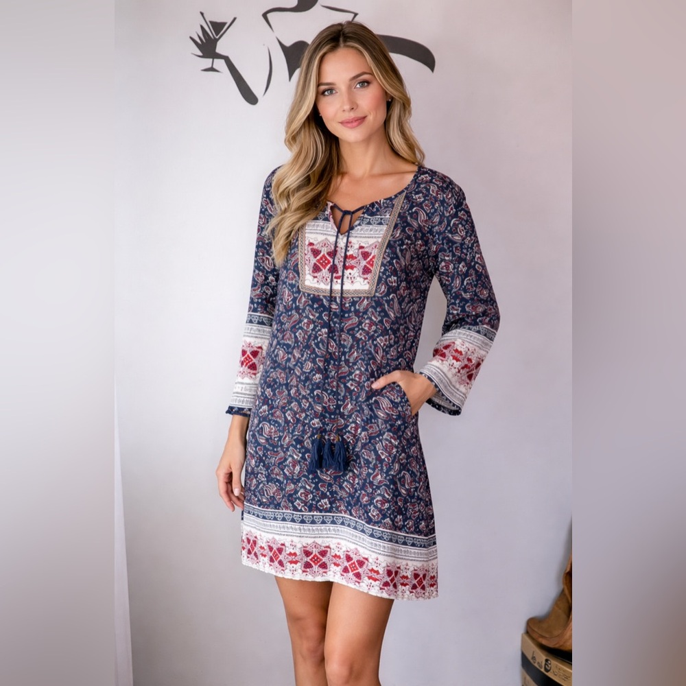 Suzy Shier Navy and Red Long Sleeve Boho Tunic Dress